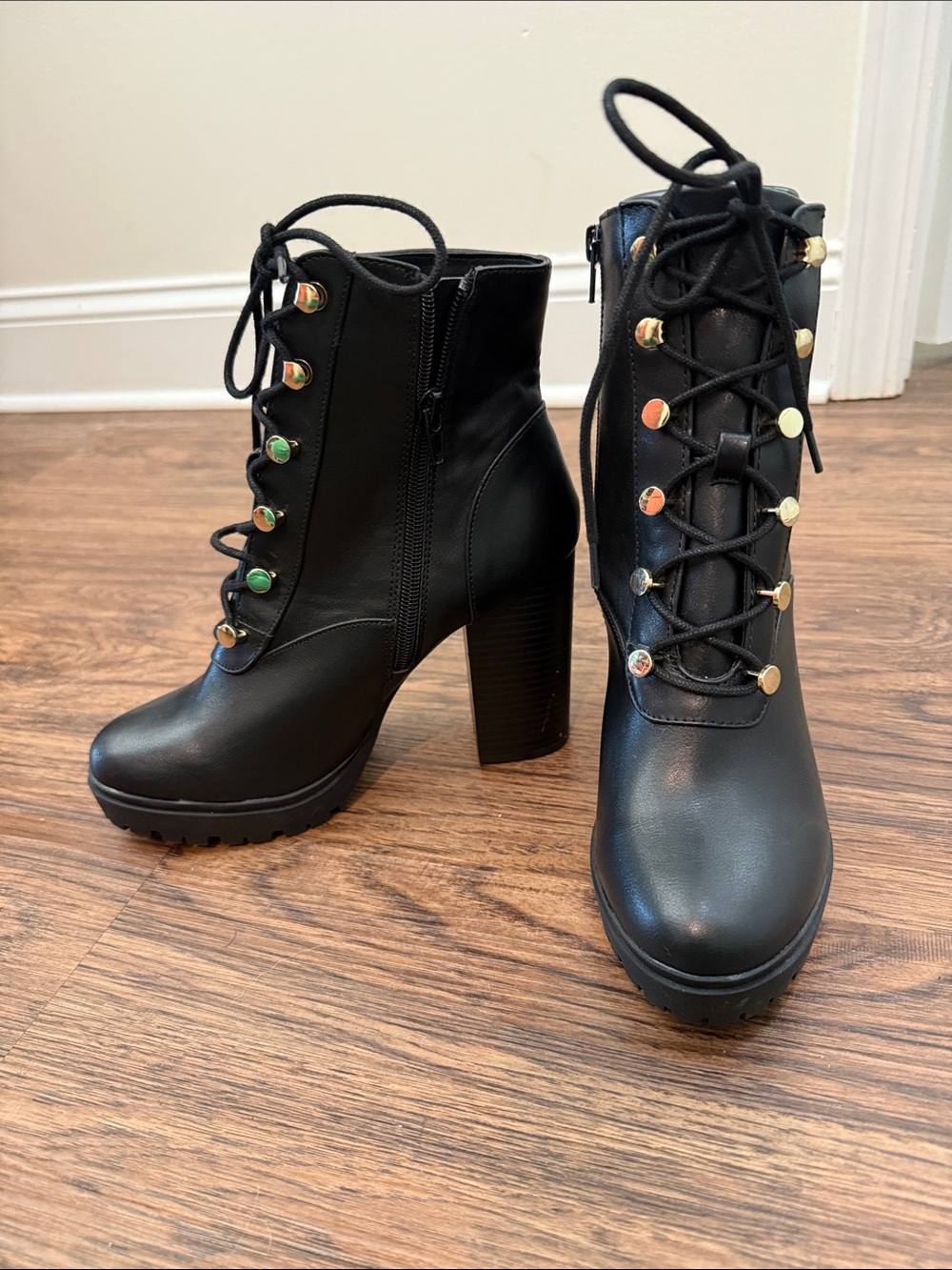 Express Black Lace-Up Studded Block Heel Boots